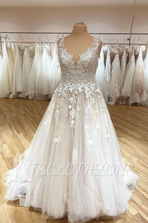 White/Ivory V-Neck Tulle Lace Wedding Dress