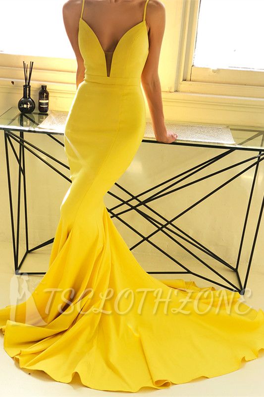 Ginger Yellow Deep V-neck Prom Dress with Chapel Train | Sexy Simple Body-fitting Evening Dress for Sale