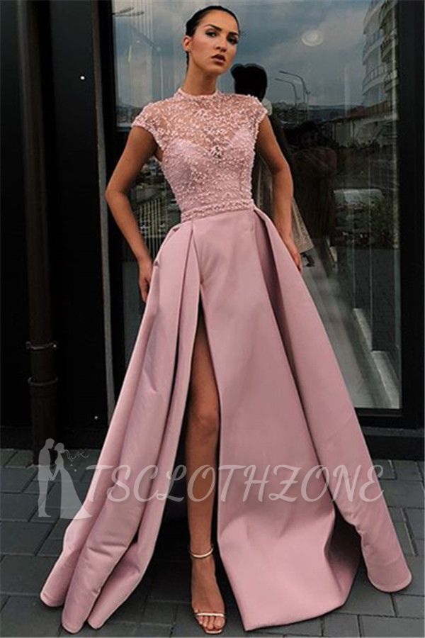 Pink Lace Cap-Sleeves Evening Dresses 2022 | Cheap Side Slit Beading Prom Dresses with Pockets