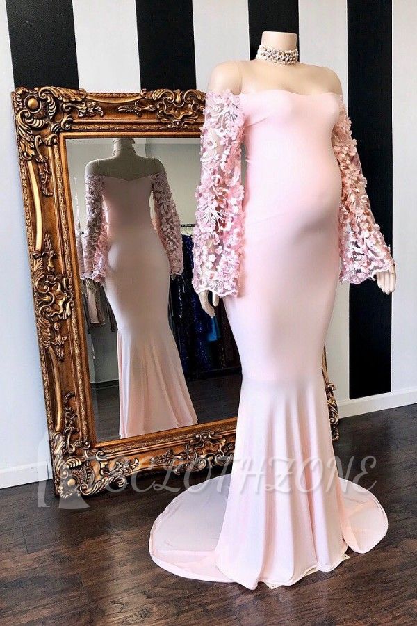 Pink Floral Long Sleeves Mermaid Floor Length Pregnant Formal Dresses