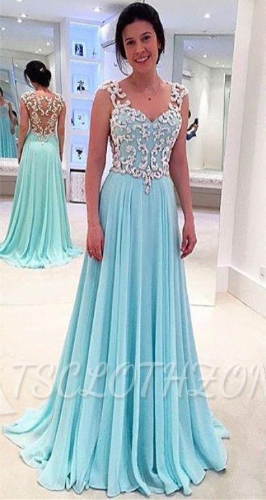 Latest Blue Lace Chiffon Prom Dress A-Line Sweep Train Plus Size Formal Occasion Gowns
