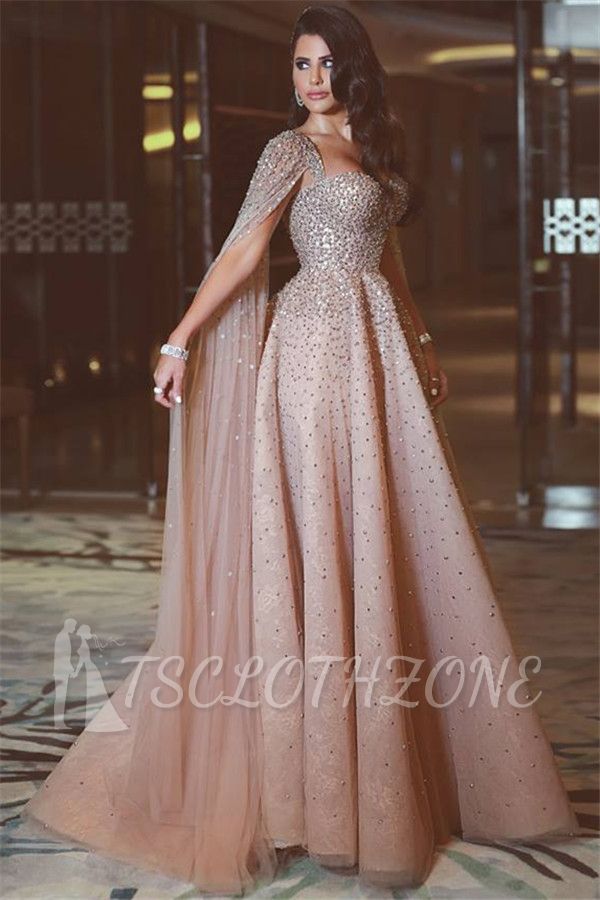 2022 Sexy Full Beads Sequins Open Back Evening Dresses Luxurious Pink Prom Dress with Cape Sleeves