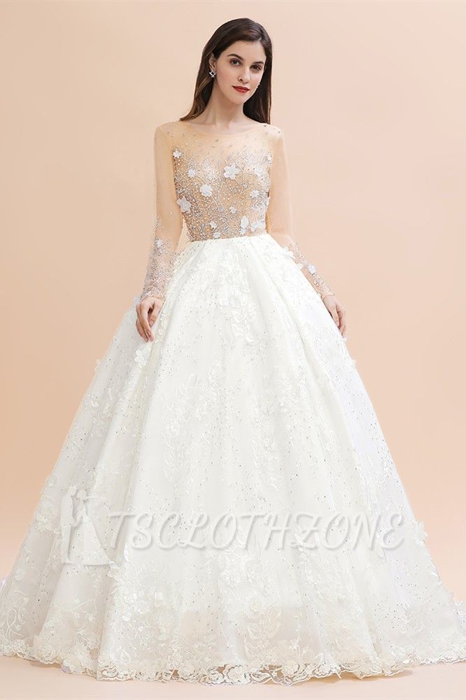 Charming Floral Lace Appliques Wedding Dress Gorgeous White Beads Bridal Gown
