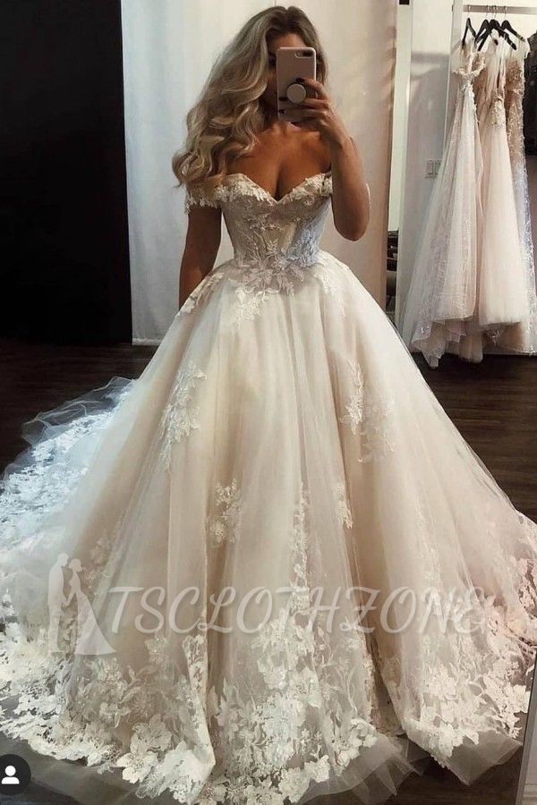 Gorgeous Off-the-Shoulder Tulle Lace Wedding Dress Princess Irene Applique Wedding Dress