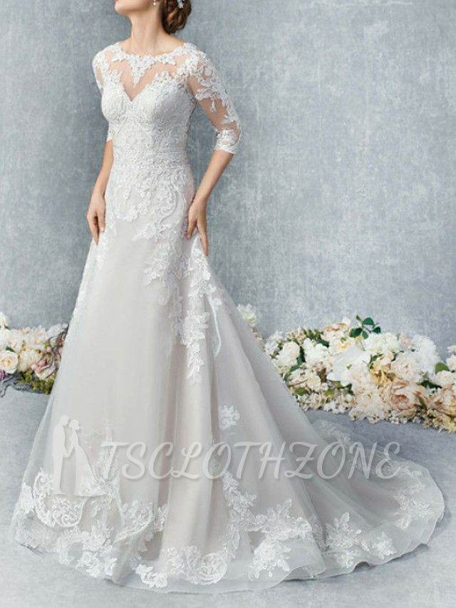 Illusion A-Line Wedding Dress Jewel Tulle 3/4 Length Sleeve Bridal Gowns Court Train