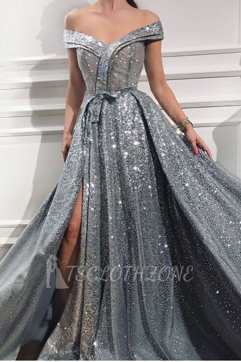 Glittery Off The Shoulder Sequins Front-Split Ruffles Prom Dresses