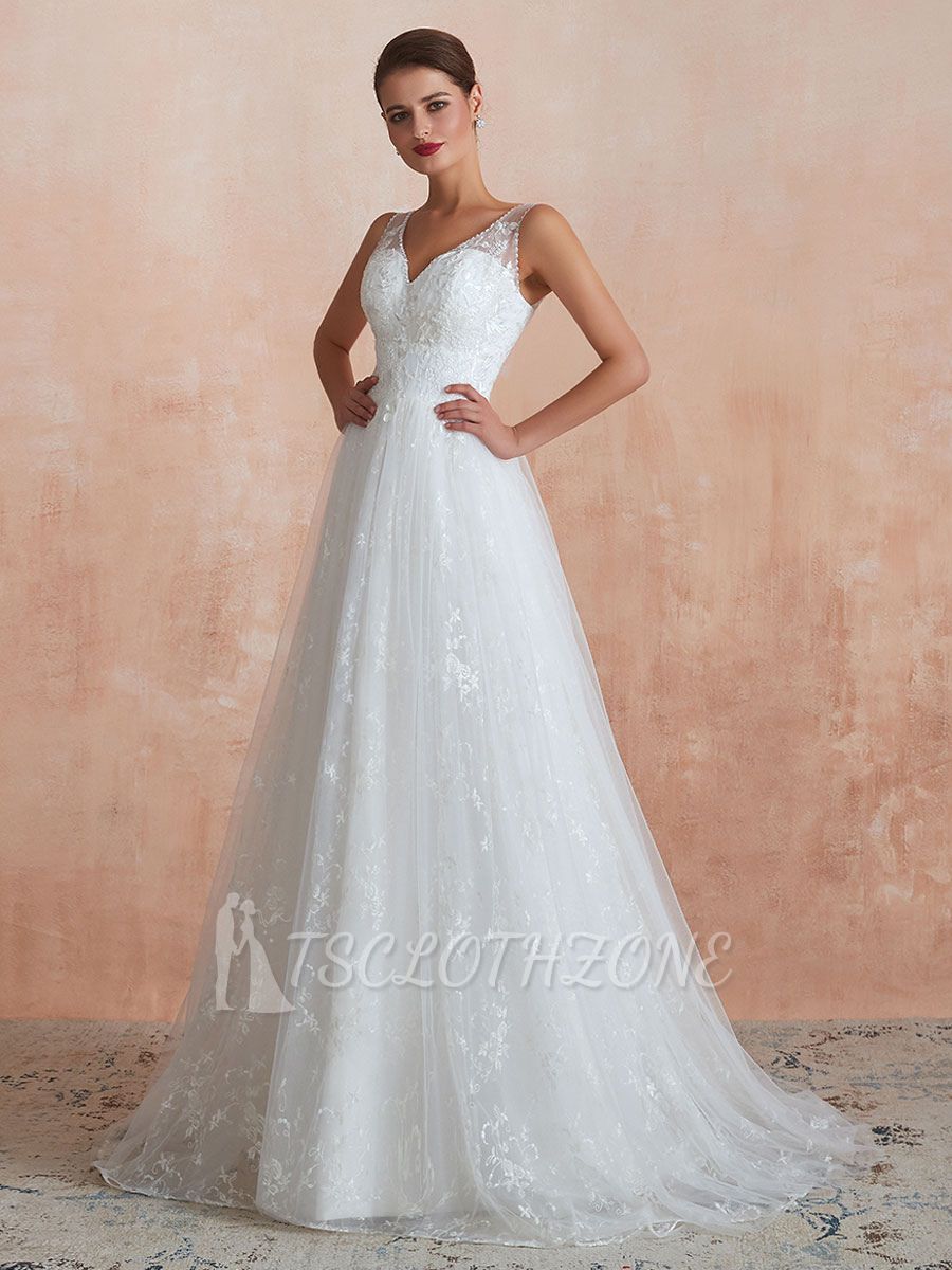 White Sleeveless V Neck Tulle Lace A-Line Wedding Dresses