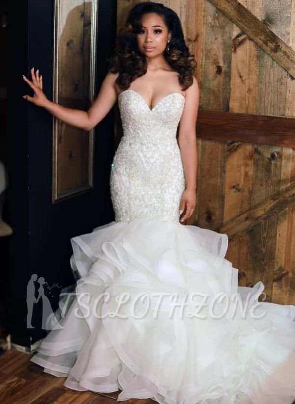 Luxury Mermaid Beading Wedding Dresses | Sweetheart Neck Ruffles Skirt Bridal Gowns