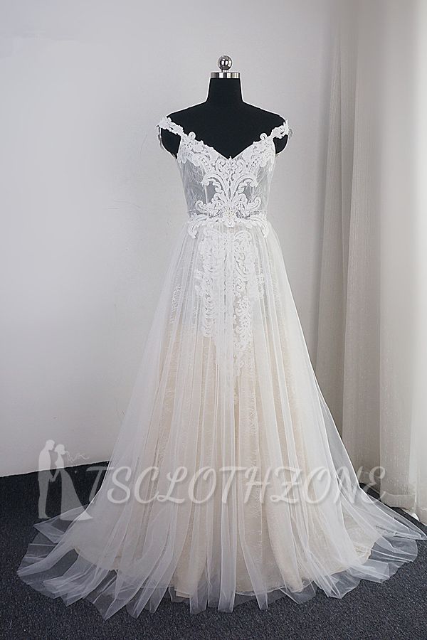 TsClothzone Chic Tulle Lace White V-neck Wedding Dress Appliques Sleeveless Ruffle Bridal Gowns On Sale