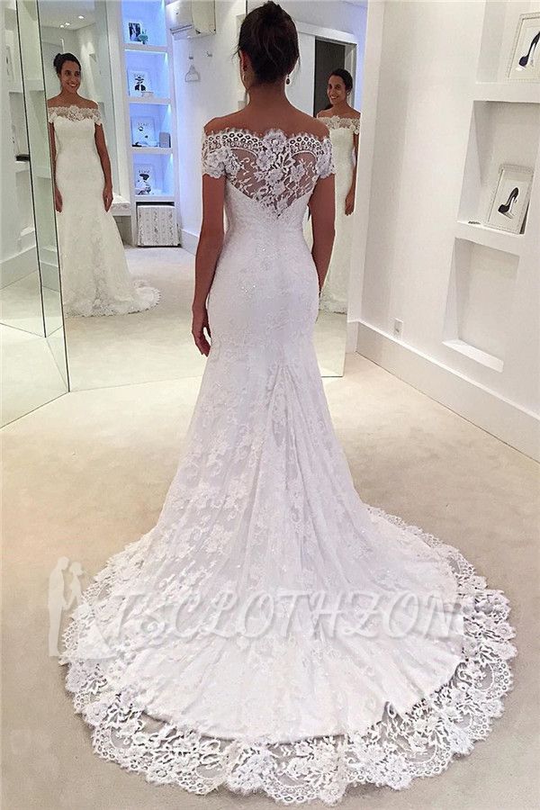 Short Sleeve Full Lace Wedding Dresses 2022 Cheap | Off The Shoulder Sheath Bridal Gowns with Court Train
