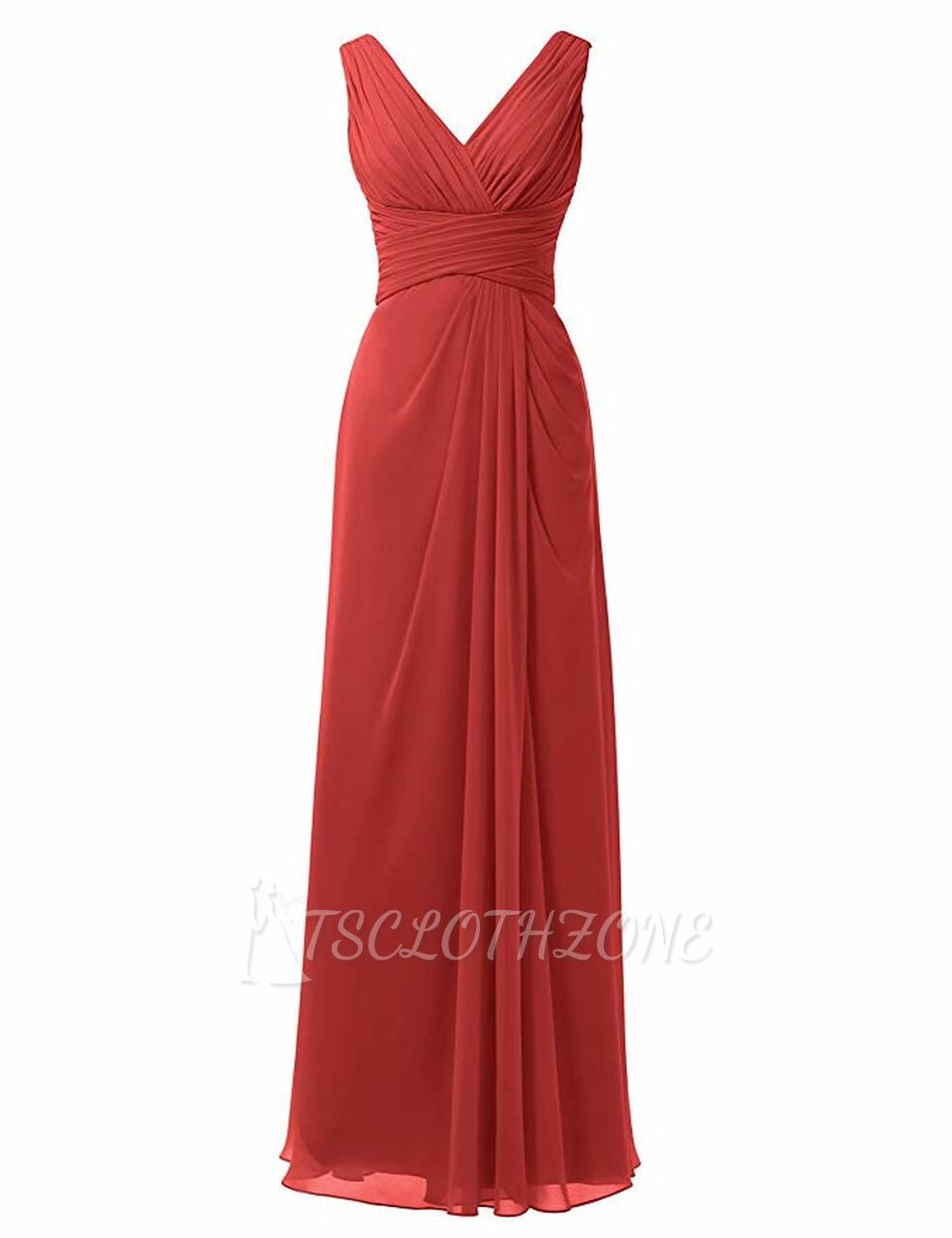 Red V-Neck Chiffon  Long Maxi Bridesmaid Dress