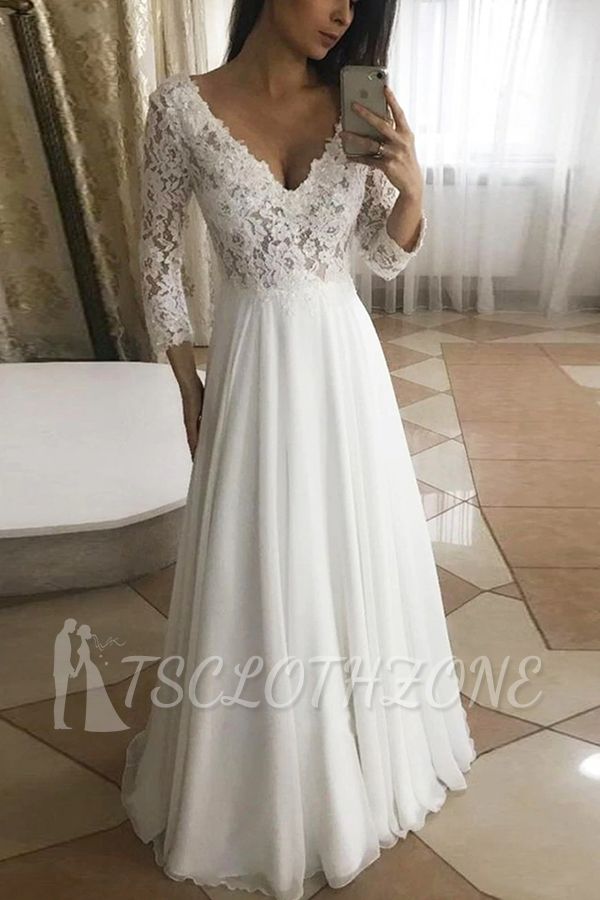 Elegant V-Neck Lace Wedding Dress Long Sleeves Garden Bridal Dress