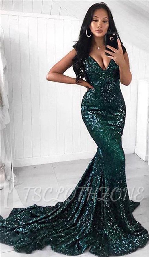 Sexy V-neck Shiny Dark Green Sequins Evening Dresses | Mermaid Court Train Cheap Prom Dresses 2022
