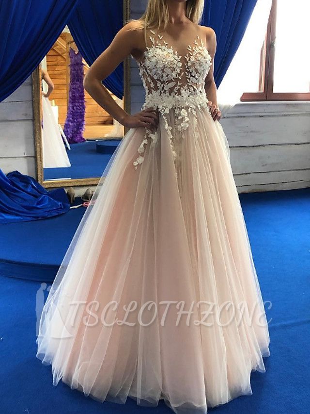 Sexy See-ThroughA-Line Wedding Dress Jewel Lace Tulle Sleeveless Bridal Gowns in Color