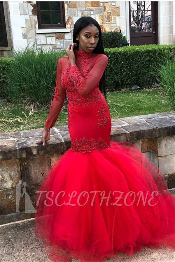 Red Tulle High-Neck Prom Dresses | Cheap Mermaid Long-Sleeves Evening Gowns