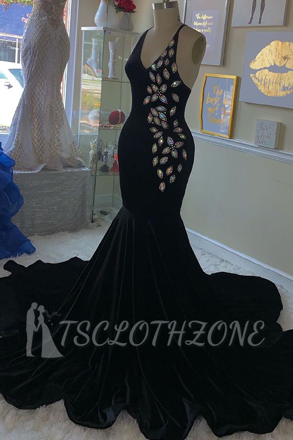 Glamorous V-neck Spaghetti Sleeveless Crystal Beading Mermaid Formal Dresses