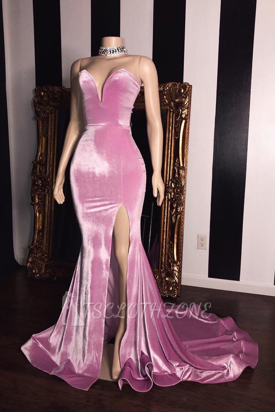 Pink Velvet Sweetheart Prom Dresses | Elegant Side Slit Mermaid Long Evening Gowns