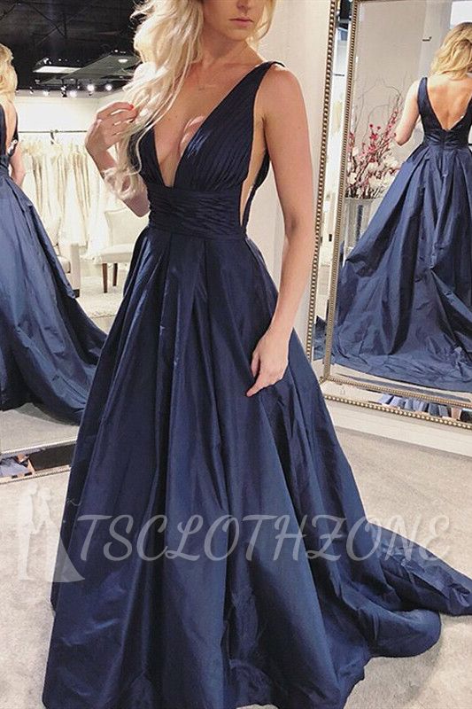Sexy Deep V Neck Navy Blue Prom Dress | Charming Sleeveless Ruffles Long Prom Gown