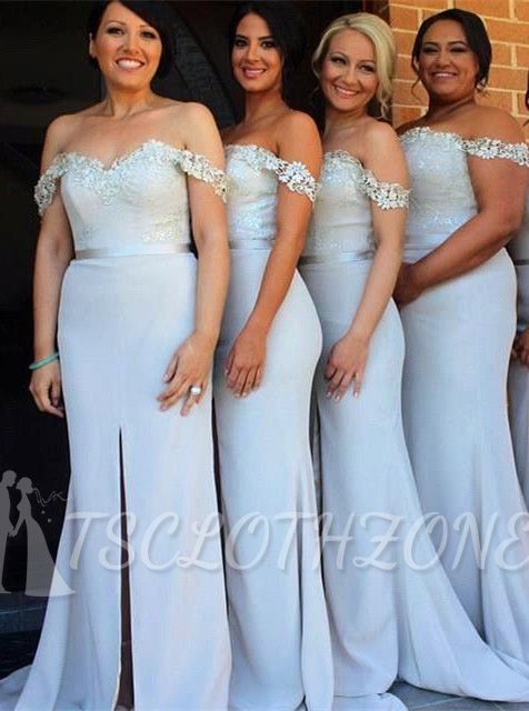 Elegant Off-the-Shoulder Mermaid Bridesmaid Dress Front Split Lace