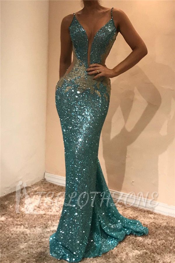 Shiny Sequins V-neck Cheap Prom Dresses 2022 | Appliques Sleeveless Sexy Evening Gown