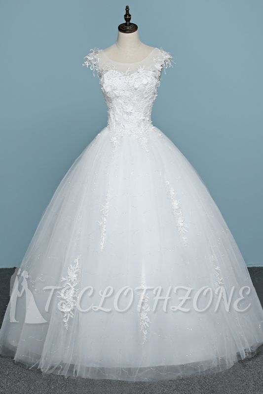 TsClothzone Chic Jewel Tulle Lace White Wedding Dress Sleeveless Appliques Bridal Gowns with Flowers Online