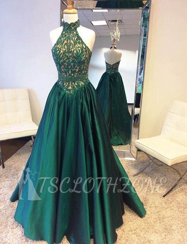 Halter Beadings Green Open-Back Floor-Length A-Line Prom Dress
