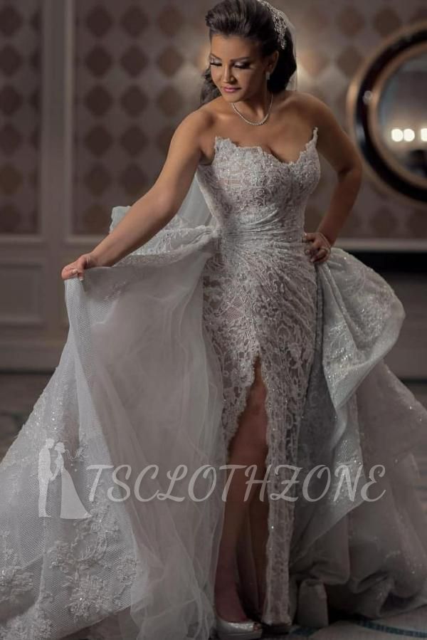 Sexy Sweetheart Sleeveless Mermaid Bridal Dress with Ruffle Layers of Lace Tulle Train