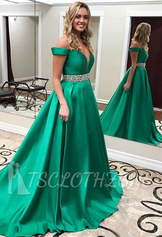 Green Gorgeous Off-the-Shoulder Evening Gowns 2022 Crystals Belt Popular Prom Dress