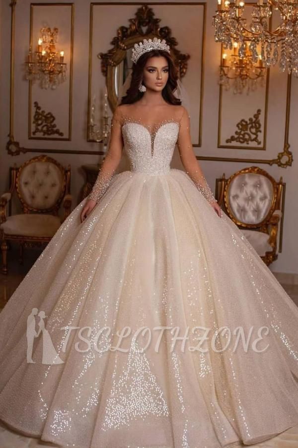 Luxury Sweetheart Sparkly Sequins Bridal Gown Long Sleeves