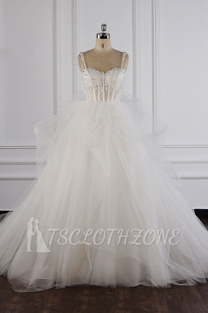 TsClothzone Elegant Straps Tulle Lace Wedding Dress Sweetheart Appliques Beadings Bridal Gowns with Ruffles On Sale