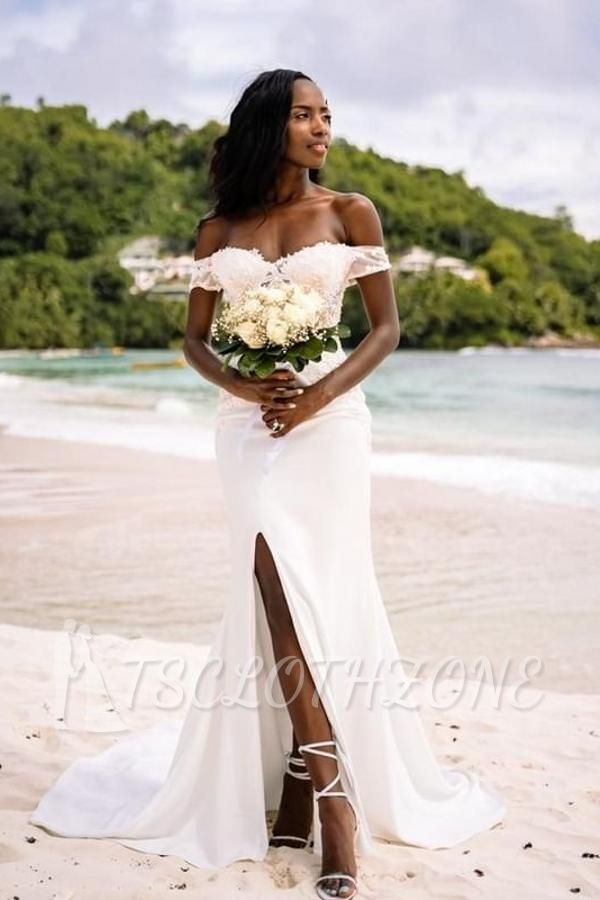Schlichtes Hochzeitskleid mit Herzausschnitt und Herzausschnitt und Spitze an den Schultern | Sommer-Strand-Hochzeitskleider