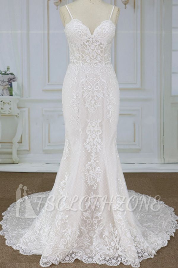 Elegante Spaghetti-Träger Ärmelloses Meerjungfrau-Hochzeitskleid | Applikationen Spitze Weiße Brautkleider