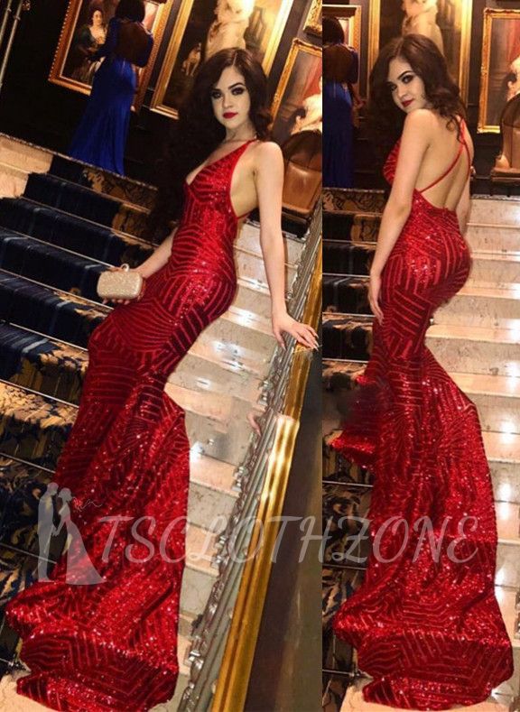 Sexy Sequined Red V-Neck Prom Dresses | Backless Mermaid Evening Dresses