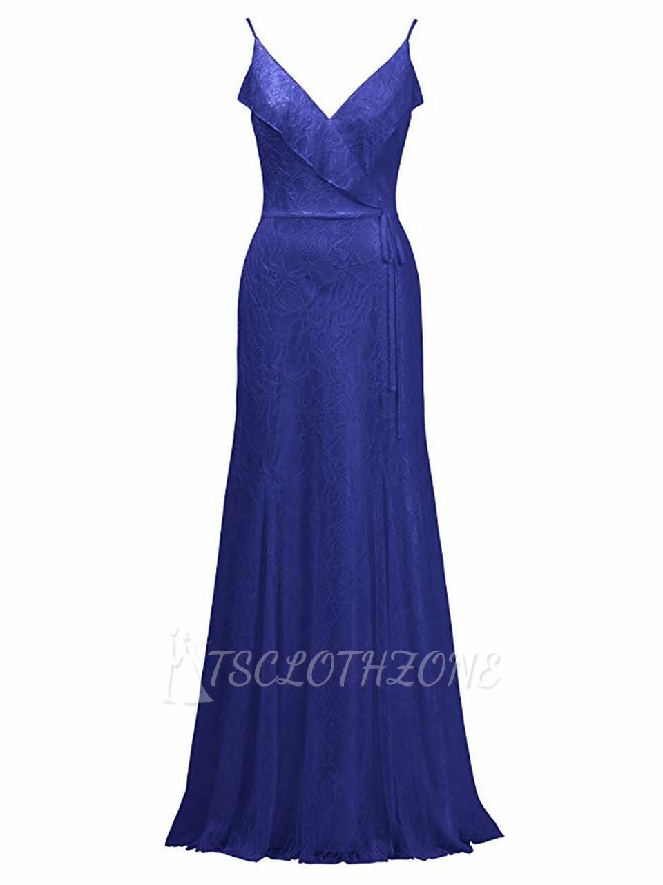 Blue Long V-Neck Spaghetti Lace Bridesmaid Dress