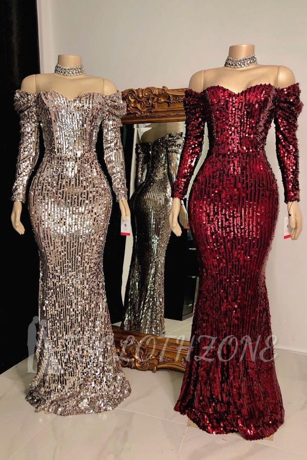 Strapless Sweetheart Sequins Floor Length Mermaid Evening Dresses with Sleeves
