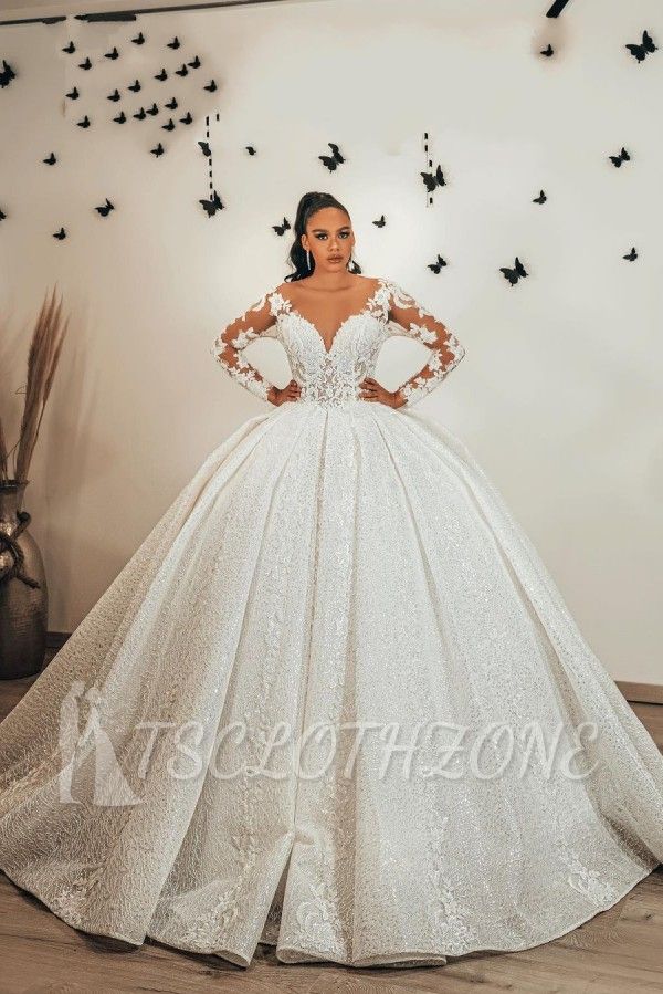 Gorgeous White Floral Lace A-line Ball Gowns with Cathedral Train