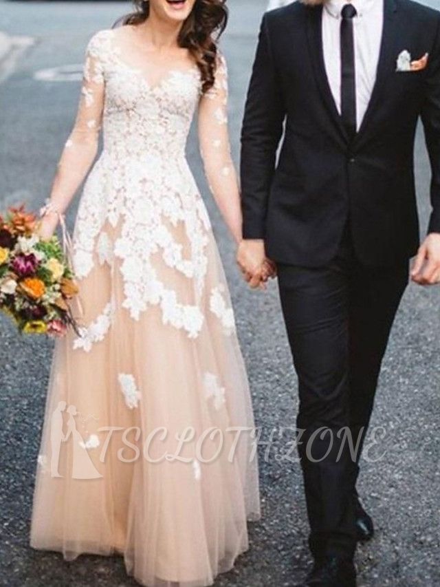 Sexy See-Through A-Line Wedding Dress Jewel Lace Tulle Long Sleeve Bridal Gowns Sweep Train