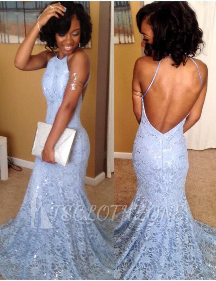 Sexy Halter Mermaid Lace Evening Gowns Open Back Sleeveless Long Party Dresses