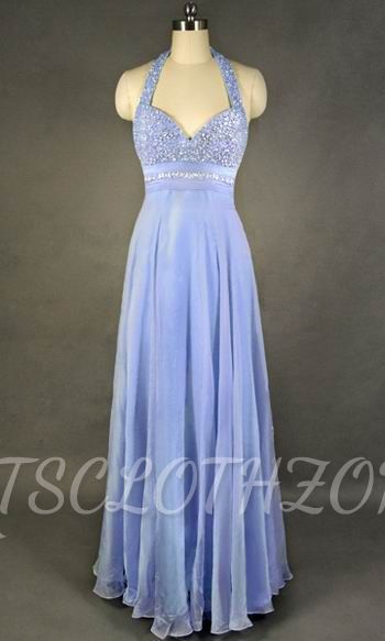 Latest Crystal Halter Chiffon Long Prom Dress with Beadings Popular Backless Plus Size Evening Dresses