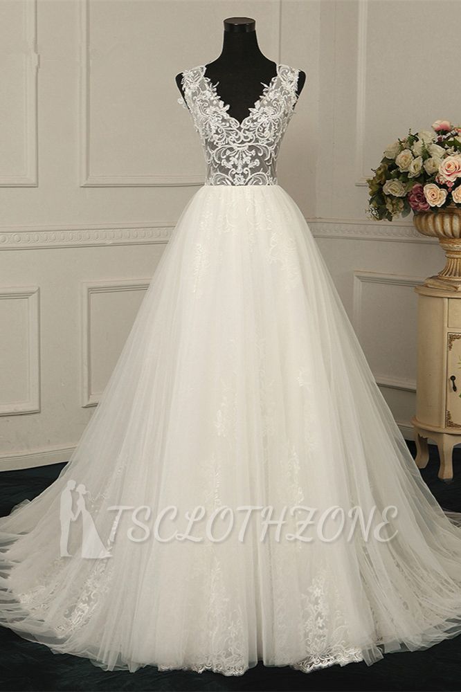 TsClothzone Sexy V-Neck Sleeveless Tulle Wedding Dress See Through Top Appliques Bridal Gowns On Sale