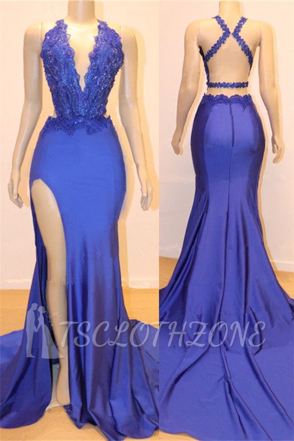 Sexy V-neck Sexy Open back Side Slit Prom Dresses | Elegant Royal Blue Mermaid Beads Lace Evening Gowns