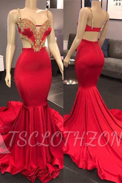 Gold Beads Appliques Red Prom Dresses Cheap | Straps Mermaid Open Back Sexy Long Evening Gowns