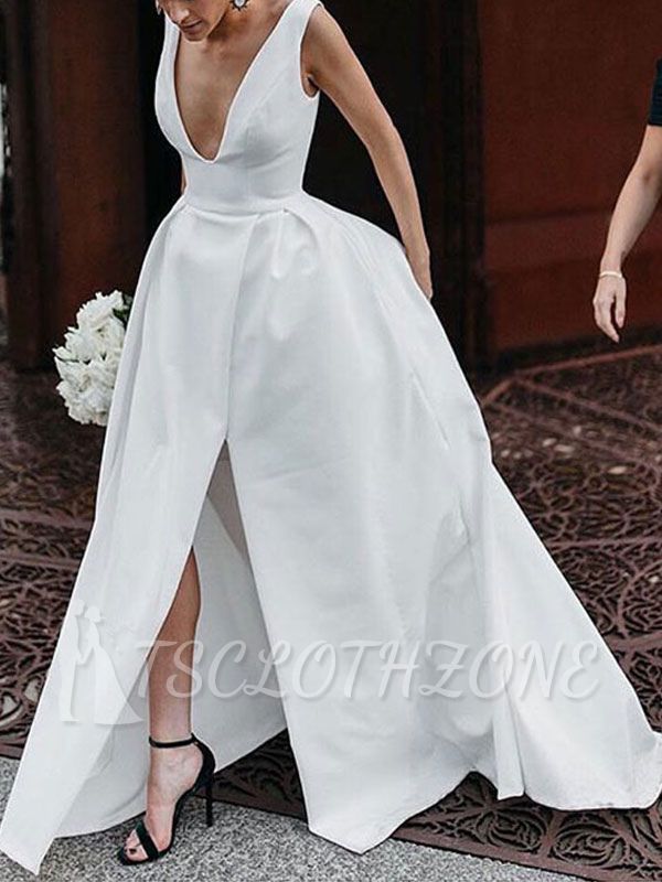 Chic Deep V Neck Satin White Sleeveless Zipper A-Line Wedding Dresses