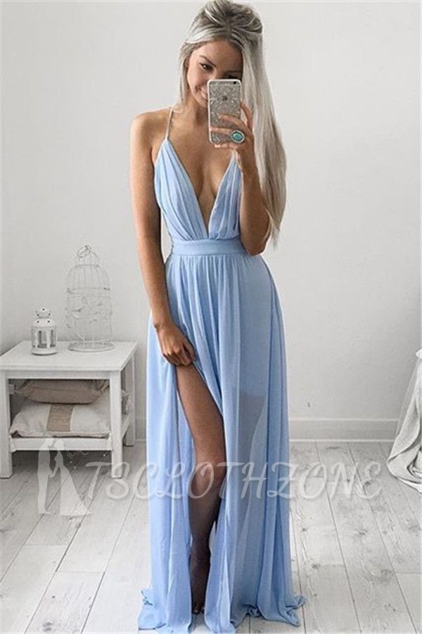 Deep V-neck Sexy Evening Dress Spaghetti Straps baby Blue Prom Dresses