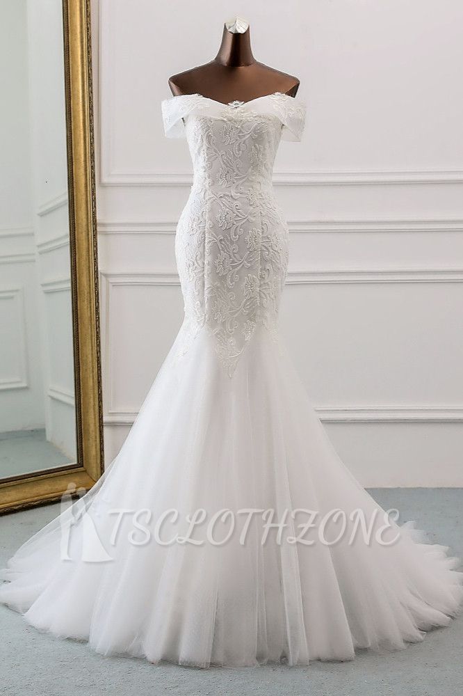 TsClothzone Glamorous Tulle Lace Off-the-Shoulder White Mermaid Wedding Dresses Online