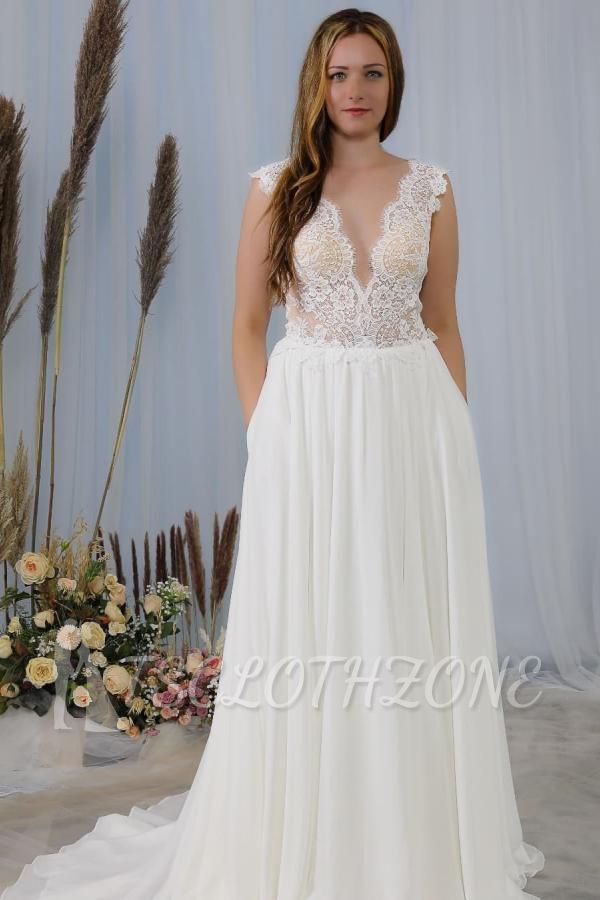 Elegantes, ärmelloses, weißes, schlichtes Chiffon-Hochzeitskleid mit V-Ausschnitt, AlineSoft-Spitzenhochzeitskleid