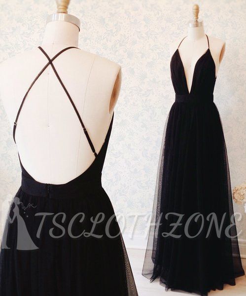 Sexy Black Tulle Straps Evening Dress 2022 Deep V-neck Open Back Prom Gown