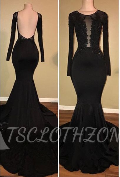 Sexy Black Mermaid Prom Dress Long Sleeve With Lace Appliques