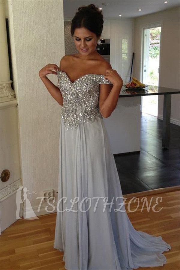 Off The Shoulder Silver Beaded Sequins Evening Dress Chiffon A-line 2022 Prom Dresses