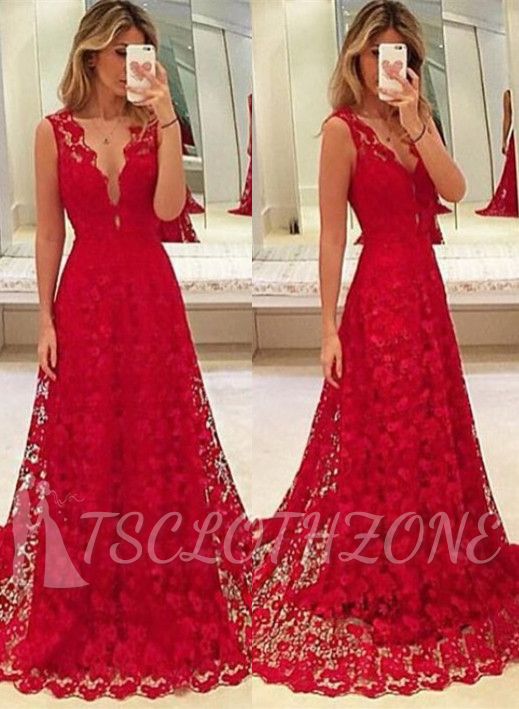 A-Line Red V-Neck Lace 2022 Prom Dresses Latest Sweep Train Evening Gowns
